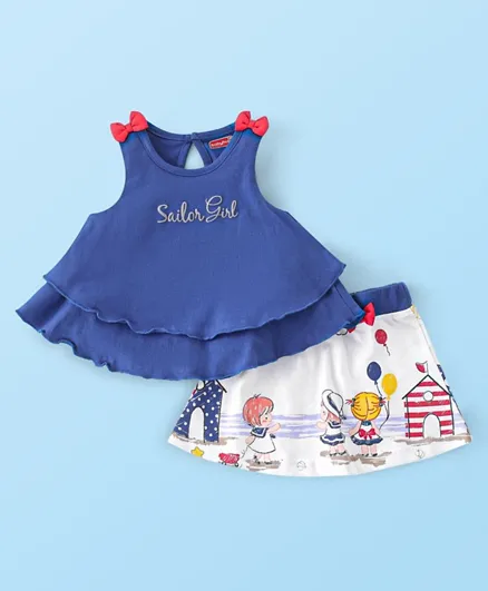 Babyhug 100% Cotton Sleeveless Top & Skirt Set Text Print- Blue & White