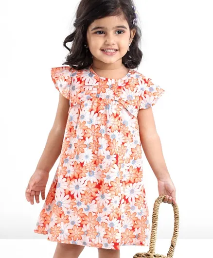 Babyhug Cotton Dobby Cap Sleeves Fit And Flare Frock Floral Print- Peach & Orange