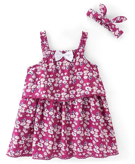 Babyhug Singlet Rayon Fit and Flare Woven Floral Printed Frock with Headband - Maroon