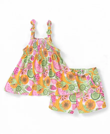 Babyhug 100% Cotton Knit Sleeveless Top and Shorts Fruits Print - Pink & Green