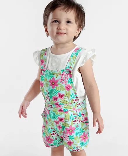 Babyhug 100% Cotton Floral Print Dungaree With Solid Colour Short Sleeves Inner Tee - Offwhite & Blue