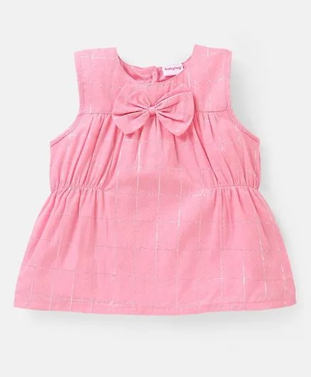 Babyhug Cotton Dobby Lurex Checks Sleeveless Top  with Bow Detailing- Pink