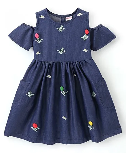 Babyhug Denim Half Sleeves Frock with Floral Embroidery and Pom Pom Detailing - Blue