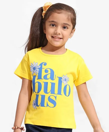 Pine Kids Cotton Knit Half Sleeves Text & Floral Printed Biowashed T-Shirt - Yellow