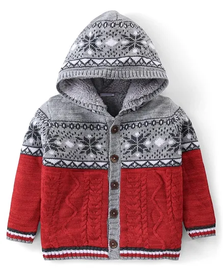 Babyhug 100% Acrylic Knit Full Sleeves Front Open Hooded Sweater with Floral Design - Grey & Red