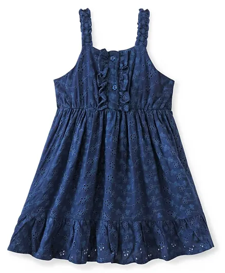 فستان صيفي بدون أكمام من القطن المحبوك بيبي هاغ مع تطريز زهور - أزرق داكن