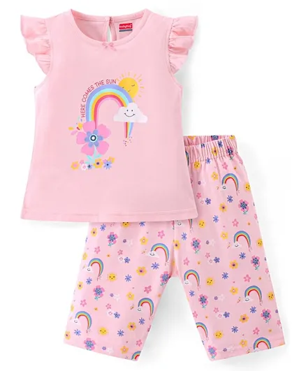 Babyhug Cotton Knit Frill Sleeves Capri Night Suit Rainbow Print- Pink