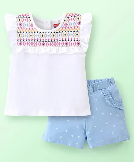 Babyhug 100% Cotton Knit Frill Sleeves Top & Shorts Set with Bow Applique & Argyle Embroidery - White & Light Blue