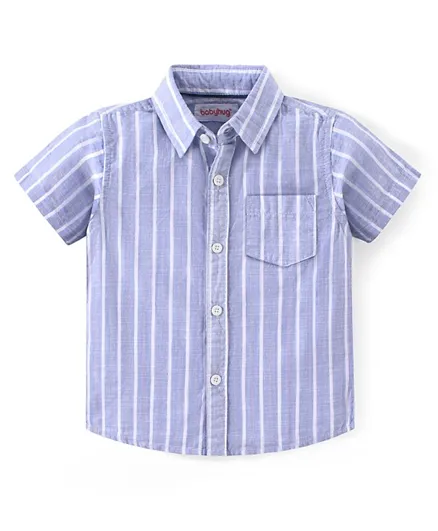 بيبي هاغ قميص مخطط بأكمام نصفية وياقة عادية من القطن المنسوج - أزرق