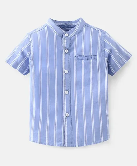 قميص مخطط بيبي هاغ بأكمام قصيرة وياقة ماندرين من القطن 100% - أزرق وأبيض