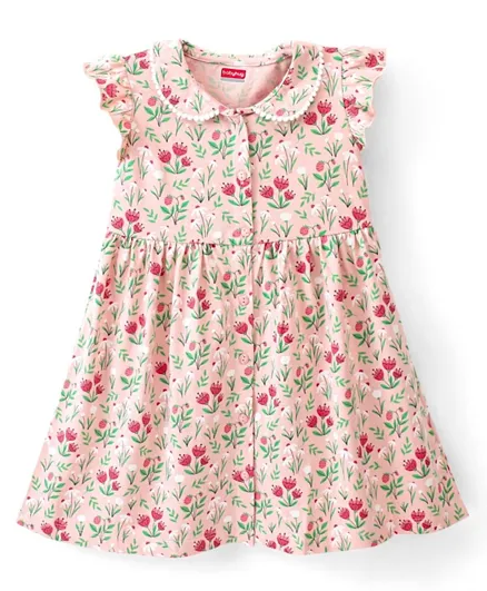 Babyhug 100% Cotton Knitted Half Sleeves Frock Floral Print- Peach