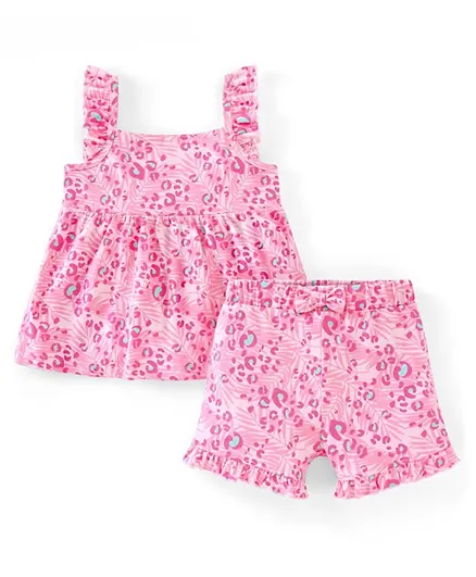 Babyhug 100% Cotton Sleeveless Top & Short/Co-ord Set Leafy Print - Pink