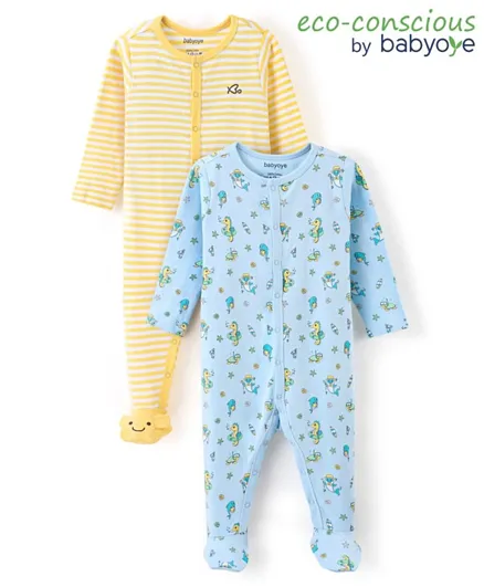 Babyoye 100% Cotton With Eco Jiva Finish Full Sleeves Sleep With Striped & Sea Life Print - Yellow & Blue