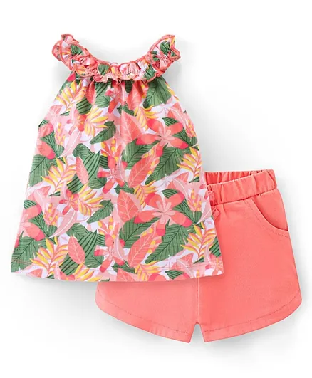 Babyhug 100% Cotton Knit Sleeveless Top and Shorts Floral Print - Green & Coral
