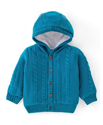 Babyhug 100% Acrylic Knit Full Sleeves Front Open Hooded Sweater with Cable Knit Design - Blue