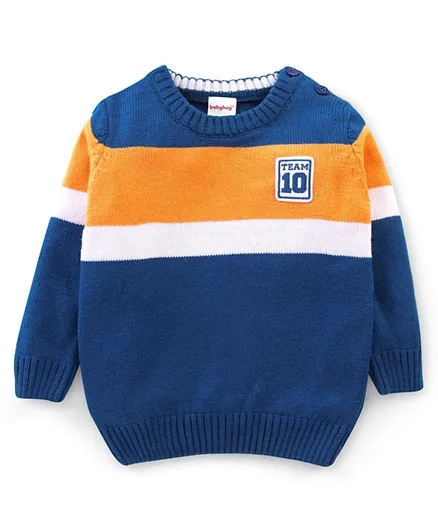 Babyhug 100% Acrylic Knit Full Sleeves Sweater With Stripes - Navy & Orange