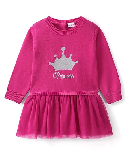 Babyhug Knitted Full Sleeves Woolen Dress with Crown Design - Pink