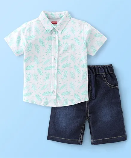 Babyhug Single Jersey Half Sleeves Shirt and Denim Shorts Leaf Print - White & Blue