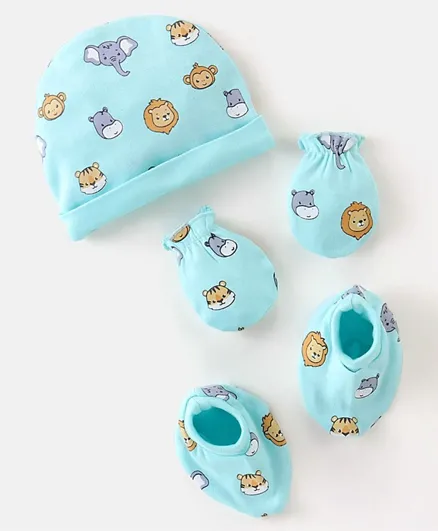 Babyhug 100% Cotton Knit Cap Mitten & Booties Set Lion Print Blue - Diameter 9.5 cm