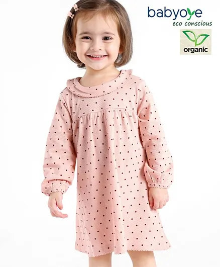 Babyoye Eco-Conscious 100% Cotton Knit Full Sleeves Textured Frock with Polka Dots Print - Pink