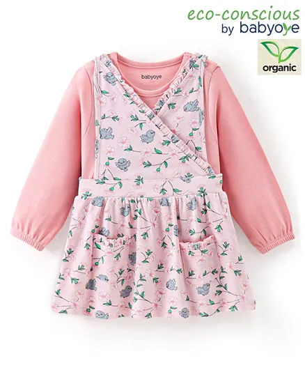Babyoye Eco Conscious 100% Cotton Frock With Full Sleeves Inner Tee Floral Print- Pink
