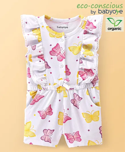 Babyoye Eco-Conscious 100% Cotton Knit Sleeveless Jumpsuit Butterfly Print - White