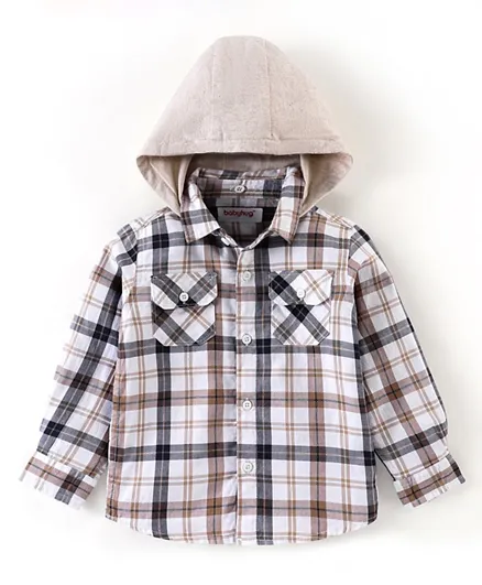 Babyhug 100% Cotton Full Sleeves Checks Two Pocket Shirt with Detachable Hood - White
