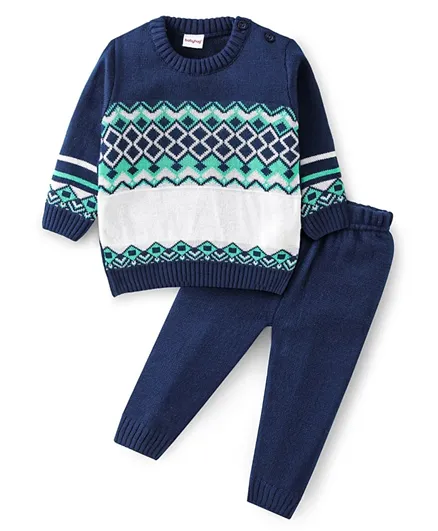 Babyhug Full Sleeves Sweater Set with Chevron Design - Navy Blue