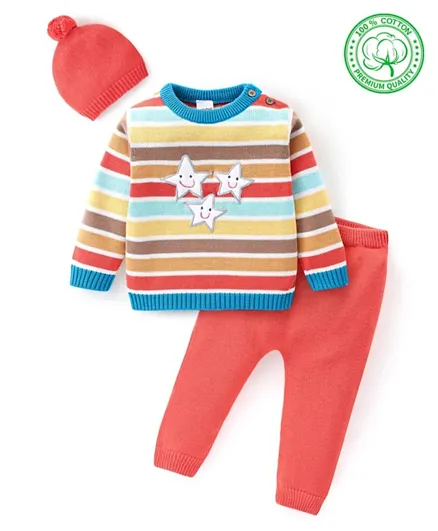 Babyhug Organic Cotton Knit Full Sleeves Striped Baby Sweater Set with Cap Puppy Patch - Red Blue & Brown
