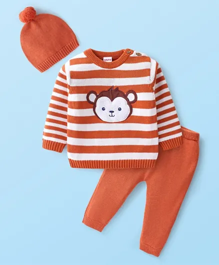 Babyhug Acrylic Knit Full Sleeves Sweater Set with Cap Monkey Design - White & Orange