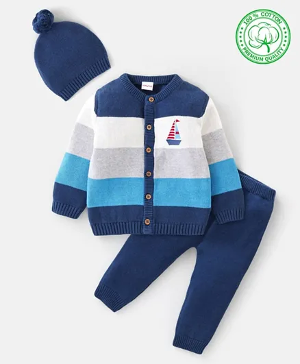 Babyhug Organic Cotton Full Sleeves Color Block Baby Sweater Set Boat Design - Multicolor