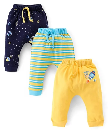 Babyhug Cotton Diaper Pants Striped & Printed Pack of 3 - Blue & Yellow