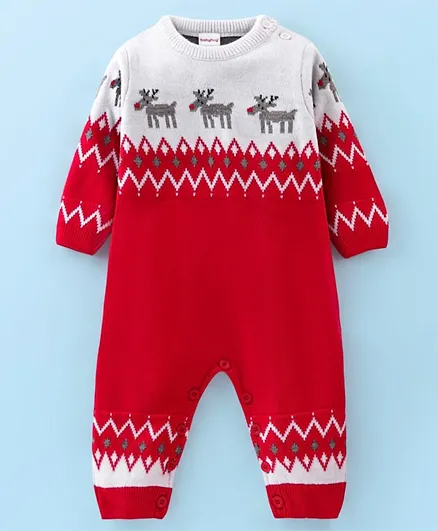 Babyhug Full Sleeves Winterwear Romper Reindeer Design- Red