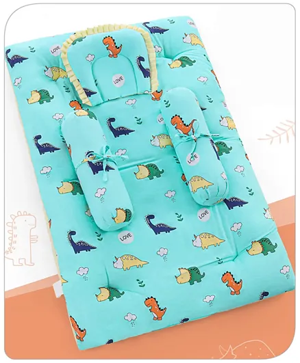 Babyhug Premium Cotton 4-Piece Baby Bedding Set, Dino Print, Sea Green for 0-12 Months