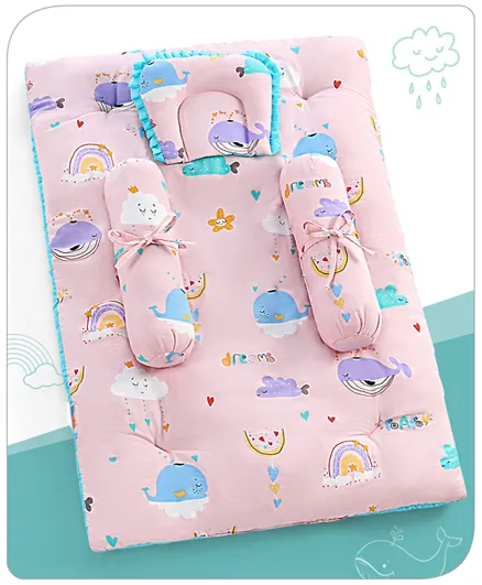 Babyhug 100% Premium Cotton Baby Bedding Set Whale Print- Pink