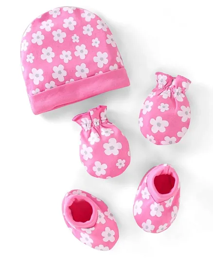 Babyhug 100% Cotton Knit Cap Mittens & Booties Set Floral Print -  Pink