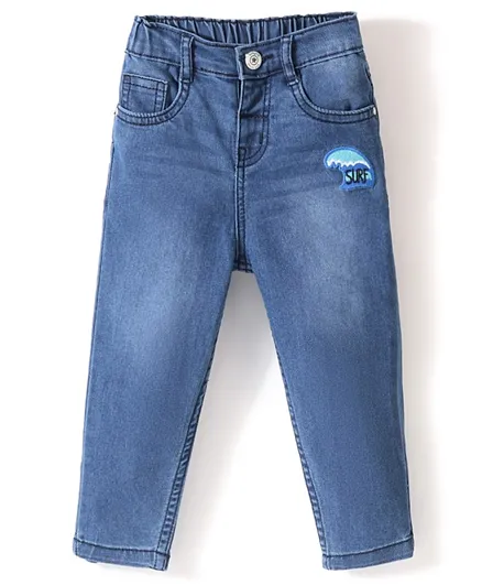 بيبي هاغ جينز دنيم قابل للتمدد بطول كامل من القطن والسبانديكس مع تطريز سيرف - أزرق