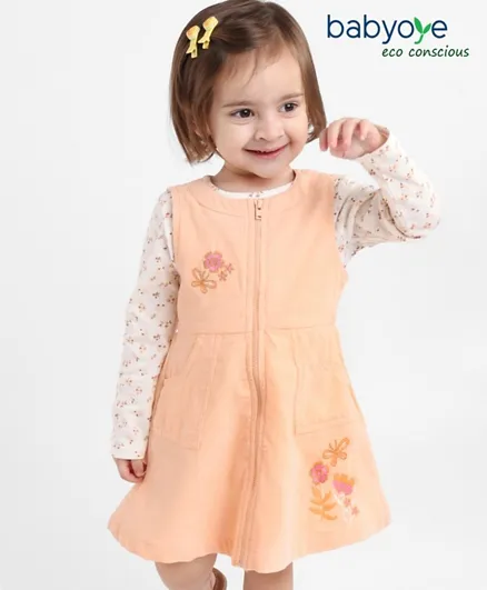 Babyoye Eco Conscious Cotton Full Sleeves Frock With Inner Tee With Floral Print & Embroidery - Peach