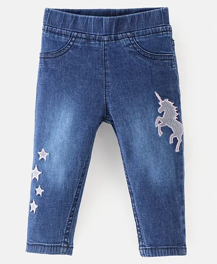 Bonfino Cotton Elastane Denim Jeans with Front Unicorn Artwork - Blue