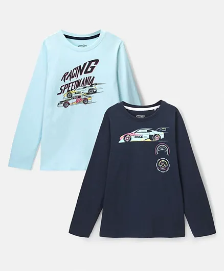 بريمو جينو قمصان بأكمام كاملة من القطن 100% بنقشة سيارات السباق - طقم من قطعتين - أزرق