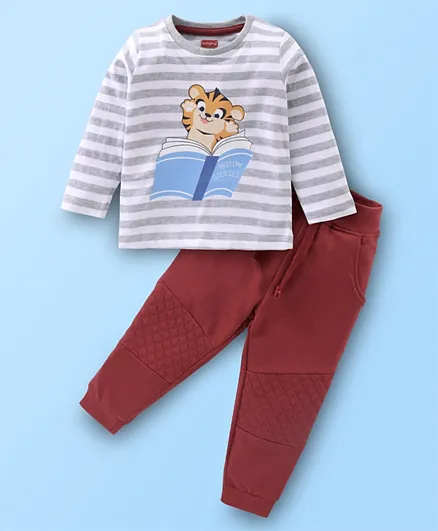 Babyhug Single Jersey Full Sleeves Striped T-Shirt & Lounge Pants Set Cub Print - Grey & Maroon Wine