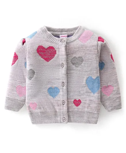 Babyhug Knit Full Sleeves Front Open Sweater with Heart Design - Light Grey
