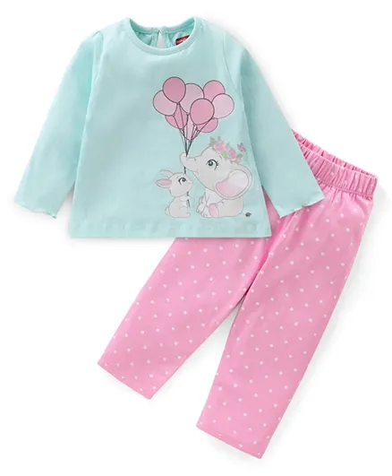 Babyhug Cotton Knit Full Sleeves Elephant & Bunny Printed Night Suit - Blue & Pink
