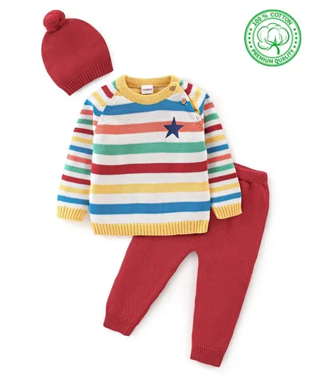 Babyhug Acrylic Knit Full Sleeves Sweater Set Striped - Red