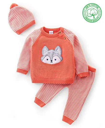 Babyhug Organic Cotton Raglan Full Sleeves Fox Patched Sweater Set with Cap - Peach