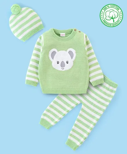 Babyhug Organic Cotton Full Sleeves Sweater Set with Cap Koala Embroidery and Striped Design - Green