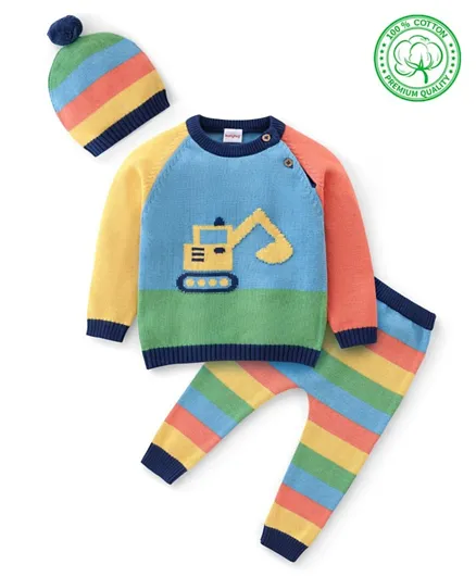Babyhug Organic Cotton Full Sleeves Construction Vehicle Design & Striped Sweater Set - Blue & Yellow