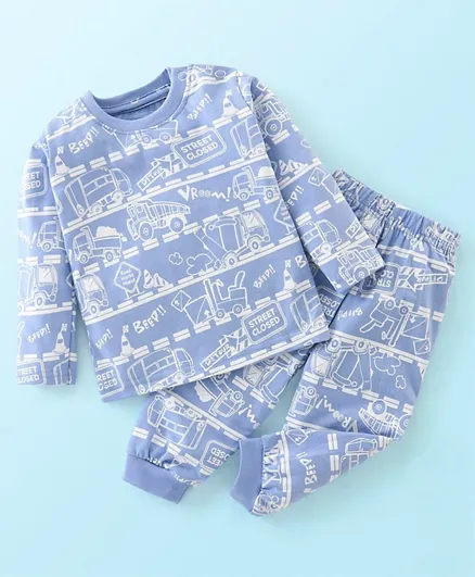 Babyhug Cotton Jersey Full Sleeves Night Suit Trucks Print - Blue