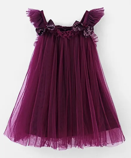 Babyhug Sleeveless A Line Mesh Party Frock With Bow Applique - Aubergine