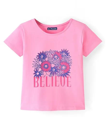 Pine Kids 100% Cotton Knit Half Sleeves Bio-Washed T-Shirt with Floral & Text Print - Pink